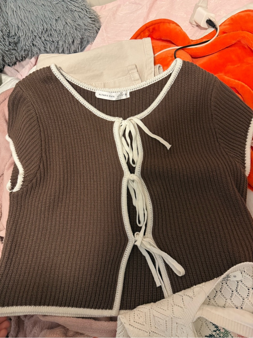 Altar'd State Brown Ribbed Tie-Front Cardigan with Flower Tank
